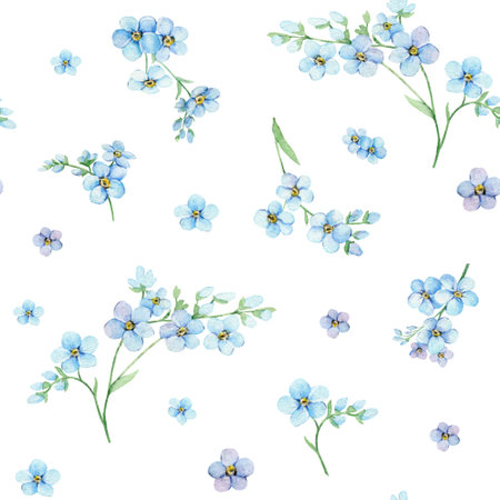 Seamless pattern with blue forget-me-nots. Summer flowers Scorpion Grass, Myosotis. Hand draw watercolor illustration for packaging, textile, web pages, wedding invitations, greeting cardsの写真素材