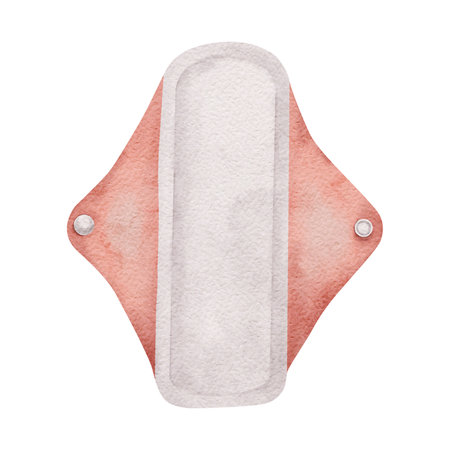 Washable Feminine hygiene products, Clean hygienic reusable pads. Menstrual cycle. Womens Health. Menstruation female hygiene product. Coral color. Hand drawn watercolor illustration for pack, brochureの写真素材