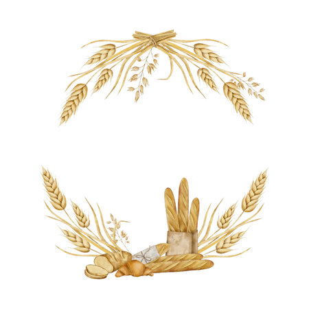 Spikelets of wheat, rye, grains wreath with Crispy French baguettes in craft bag, croissant and sliced fresh bread. Hand drawn watercolor illustration of ripe cereals. Frame for packaging and design for a bakeryの写真素材