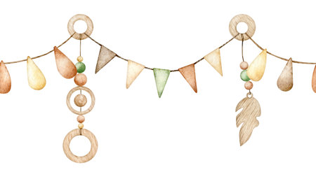 Watercolor Cute seamless garland with triangular flags, teething toys and wooden rattles, celebration design element. Hand drawn kids illustration for baby shower, poster, fabric, welcome baby party, birthdayの写真素材
