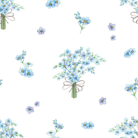 Seamless pattern with blue forget-me-nots. Summer flowers bouquet Scorpion Grass, Myosotis. Hand draw watercolor illustration for packaging, textile, web pages, wedding invitations, greeting cards.の写真素材