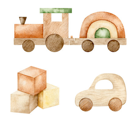 Set of wooden train, car and cubes. Welcome baby newborn. Nursery decor. Hand drawn watercolor illustration for poster, invitation, baby shower, tags, printingの写真素材