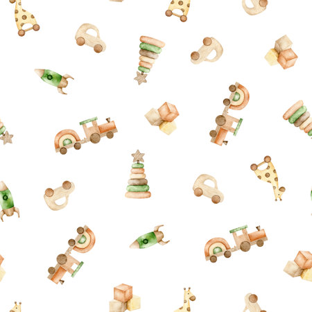 Baby toys seamless pattern. Wooden car, cubes, train, rocket, giraffe on wheels and pyramid in Scandinavian style, Cute repeated background. Hand drawn watercolor illustration for fabric, baby textile and wrapping paper.の写真素材