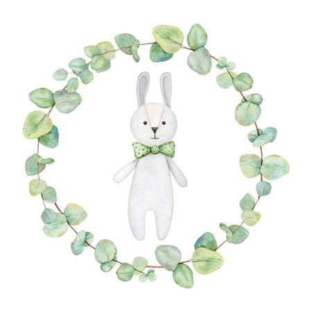Baby shower frame with cute baby bunny doll toys in eucalyptus wreath. Plush rabbit with green bow. Hand drawn watercolor illustration eco kids toys for card, poster, invitation, tags, printing, nurseryの写真素材