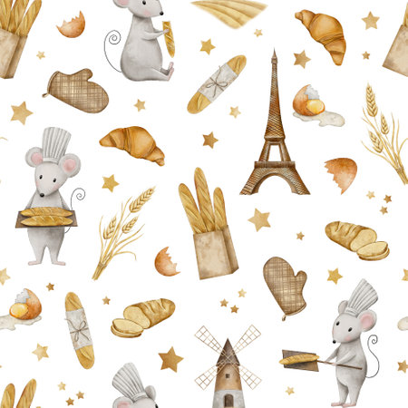 Seamless pattern with mouse chef, eggs, flour sack, croissant, Crispy French baguettes in craft bag with bunch of spikelets of wheat, rye, grains and sliced fresh bread, Eiffel tower, Windmill tower on wheat field. Hand draw watercolor Endless background for menu, wrapping paper, textile, fabricの写真素材