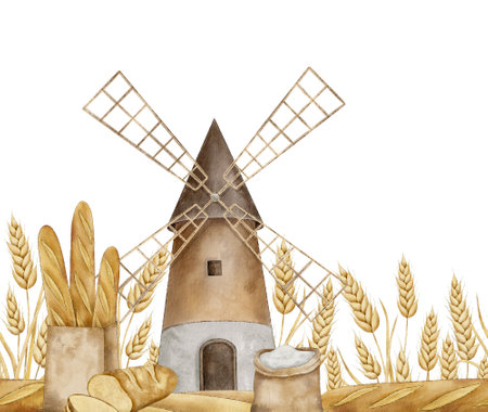 Bakery seamless border with wheat, rye, grains, windmill, rispy French baguettes in craft bag, sliced fresh bread and flour sack. Hand drawn watercolor illustration of ripe cereals. Endless banner for packaging and design for a bakery.の写真素材