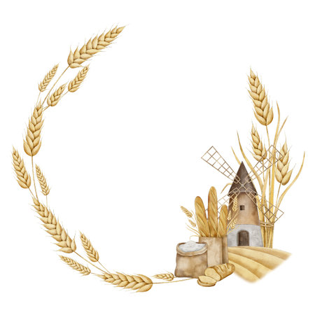 Bakery frame with wheat, rye, grains, windmill, rispy French baguettes in craft bag, sliced fresh bread and flour sack. Hand drawn watercolor illustration of ripe cereals. Wreath for packaging and design for menu, label, logo, brochure.の写真素材