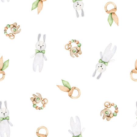 Baby toys seamless pattern. Plush bunny and teething toys in Scandinavian style. Simple repeated background. Hand drawn watercolor illustration for fabric, baby textile and wrapping paperの写真素材