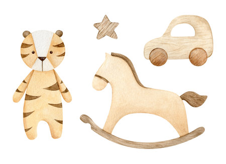 Set of tiger doll, rocking horse, wooden car and star. Eco baby toys in Scandinavian style. Watercolor hand drawn illustration isolated on background. Perfect for welcome newborn, invitation, baby shower, cards, printing.の写真素材