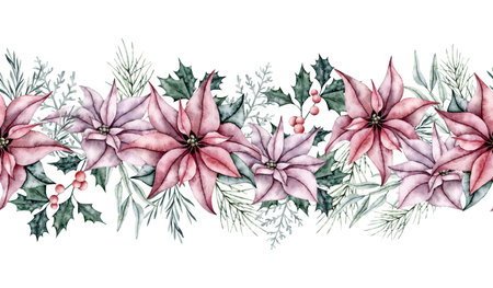 Christmas seamless border of red poinsettia flower, emerald spruce branch, silver plant Dusty Miller, Ilex, pine twig, eucalyptus, evergreen tree, fir, cedar. Floral Endless banner. Hand painted watercolor illustration for wedding invitation, pack, christmas party, greetingsの写真素材