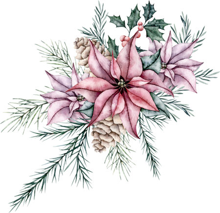 Christmas bouquet of red poinsettia flower, pine cone, silver plant Dusty Miller, snowberry, waxberry, or ghostberry and emerald spruce branch, eucalyptus, pine twig, evergreen tree, fir, cedar. Hand painted watercolor flower illustration for wedding invitation, pack, christmas party, greetings.の写真素材