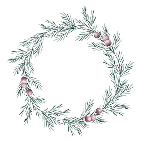 Watercolor wreath of rosemary twigs with leaves and red berries. Taxus baccata. Juniper essential oil. Kitchen herbs branch and spice frame. Hand drawn illustration for banner, label, package, logoの写真素材
