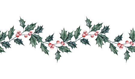 Christmas seamless border of ilex branches with red berries. Emerald holly leaves. Botanical Winterberry Endless banner. Hand painted watercolor illustration for wedding invitation, pack, christmas party, greetingsの写真素材