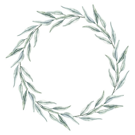Emerald Eucalyptus leaf branches wreath. Greenery foliage, Olive Botanical frame. Hand drawn watercolor illustration for greeting card, wedding invitation, logo, stationaryの写真素材