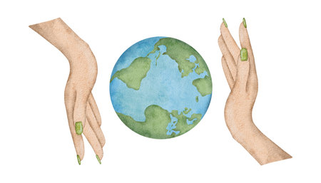 Planet Earth in womans hand. Symbol of life, nature, foundation, ecology, international events. Around world. Watercolor hand drawn illustration Earth globe. Happy Earth Day. International Mother Earth Day design for greeting cards, stickers, brochure and posters.の写真素材