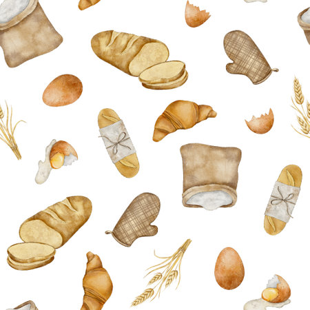 Seamless pattern with flour sack, potholder, baguette, bunch of spikelets of wheat, rye, grains, the broken shell of a chicken egg and sliced fresh bread and croissant. Hand drawn watercolor illustration. Background for menu, wrapping paper, textile, fabricの写真素材