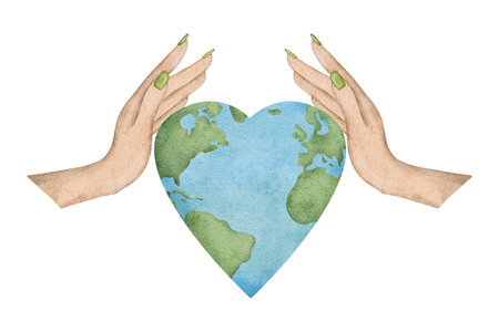 Planet Earth in womans hand. Symbol of life, nature, foundation, ecology, international events. Shape of a heart. Watercolor hand drawn illustration Earth globe. Happy Earth Day. International Motherの写真素材