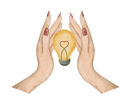 Light bulb with a heart in womens hands with a red manicure. Happy Earth Day International Mother Earth Day design for greeting cards and posters. Hand drawn watercolor illustration for card, poster, brochureの写真素材