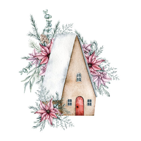 Winter cute house with doors, windows, snow on the roof in flowers of red poinsettia, pine cone, emerald spruce branch, eucalyptus. Hand painted watercolor design for Christmas card, souvenirs, winter poster, happy new year, stickerの写真素材