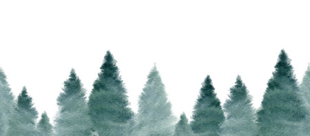 Watercolor abstract spruce tree seamless border. Forest template, Winter foggy woodland landscape background. Hand drawn illustration. Christmas card design. Evergreen tree graphic isolatedの写真素材