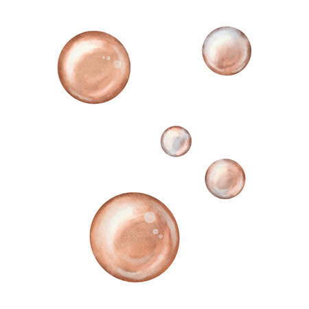 Watercolor bubbles in coral orange on isolated background. Air flying Soap bubbles. Hand drawn watercolor illustration for nursery, wall sticker, baby shower, bookの写真素材
