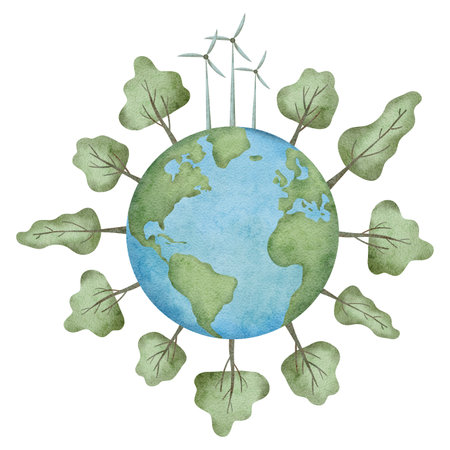 Planet Earth. Symbol of life, nature, foundation, ecology, international events. Happy Earth Day. World globe with trees and windmill. International Mother Earth Day. Watercolor hand drawn illustration for design pattern, stickers, brochureの写真素材