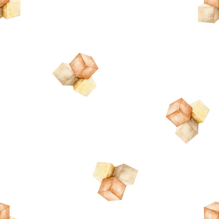 Baby toys seamless pattern in sand color. Wooden pyramid of cubes in Scandinavian style. Simple repeated background. Hand drawn watercolor illustration for fabric, baby textile and wrapping paperの写真素材