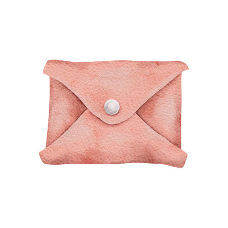 Watercolor Cloth menstrual pads. Reusable cloth daily pads in envelope in coral colors isolated on background. Zero waste supplies for personal hygiene. Concept waste-free livingの写真素材