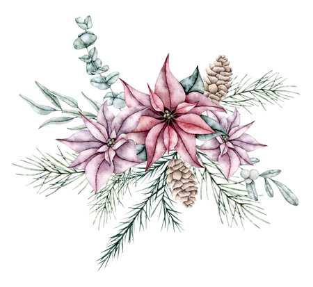 Christmas bouquet of red poinsettia flower, eucalyptus, pine cone, ilex,and emerald spruce branch, evergreen tree, fir, cedar. Botanical Winter flowers. Hand painted watercolor illustration for wedding invitation, pack, christmas cardの写真素材