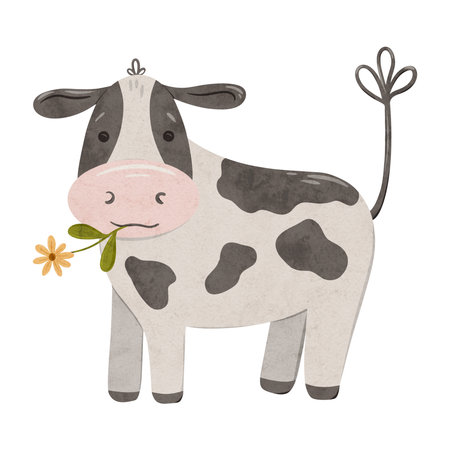 Cute cow with a yellow flower in her mouth. Digital hand drawn illustration with little farm animal for textile design, education, baby shower, children prints. Drawing of character in cartoon style on isolated background.の写真素材