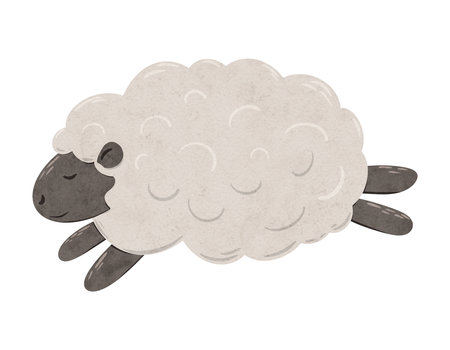 Cute baby Sheep jumping. Digital hand drawn illustration with little lamb for textile design, poster, card. Drawing of character in cartoon style for print on isolated background.の写真素材