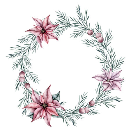 Watercolor wreath of red poinsettia flower and rosemary twigs with leaves and red berries. Botanical Winter flowers. Hand painted watercolor illustration for Christmas, wedding invitation, greetingsの写真素材