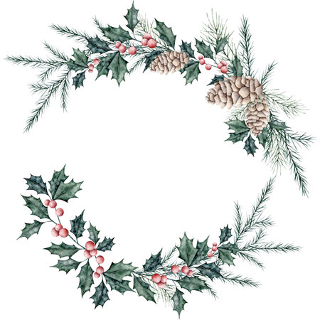 Christmas wreath of ilex branches with red berries and spruce branch, evergreen tree, pine cone. Emerald holly leaves. Botanical Winterberry banner. Hand painted watercolor illustration for wedding invitation, pack, christmas card.の写真素材