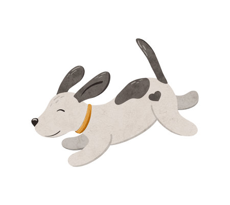 Cute puppy Stabyhoun with an orange collar and a heart runs and jumps. Digital hand drawn illustration with a small baby dog for textile design, poster, postcard. Cartoon style character drawing for printing on an isolated backgroundの写真素材
