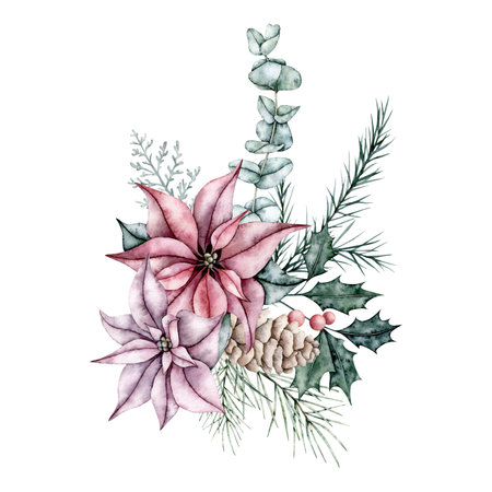 Christmas bouquet of red poinsettia flower, eucalyptus, pine cone, ilex,and emerald spruce branch, evergreen tree, fir, cedar. Botanical Winter flowers. Hand painted watercolor illustrationの写真素材