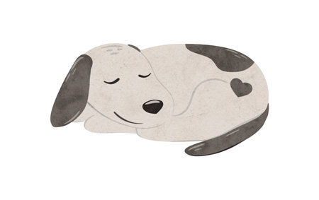 Cute puppy Stabyhoun with a heart sleeps. Digital hand drawn illustration with a small baby dog for textile design, poster, postcard. Cartoon style character drawing for printing on an isolated backgroundの写真素材