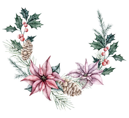 Christmas wreath of poinsettia, ilex branches with red berries and spruce twig, pine cone. Emerald holly leaves. Botanical floral banner. Hand painted watercolor illustration for wedding invitation, pack, christmas cardの写真素材