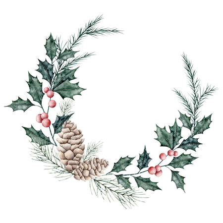 Christmas wreath of ilex branches with red berries and spruce branch, evergreen tree, pine cone. Emerald holly leaves. Botanical Winterberry banner. Hand painted watercolor illustration for wedding invitation, pack, christmas card.の写真素材