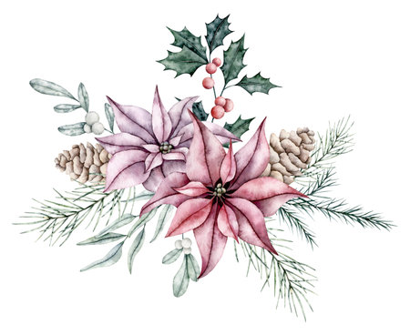 Christmas bouquet of red poinsettia flower, eucalyptus, pine cone, ilex,and emerald spruce branch, evergreen tree, fir, cedar. Botanical Winter flowers. Hand painted watercolor illustrationの写真素材