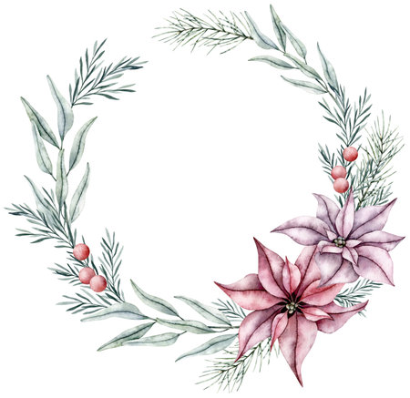 Watercolor wreath of red poinsettia flower, eucalyptus and rosemary twigs with leaves and red berries. Botanical Winter flowers. Hand painted watercolor illustration for Christmas, wedding invitation, greetingsの写真素材