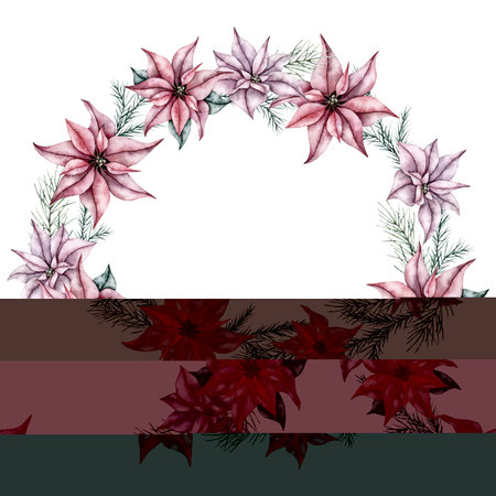 Christmas wreath of red poinsettia flower and emerald spruce branch, evergreen tree, fir, cedar. Botanical Winter flowers frame. Hand painted watercolor illustration for wedding invitationの写真素材