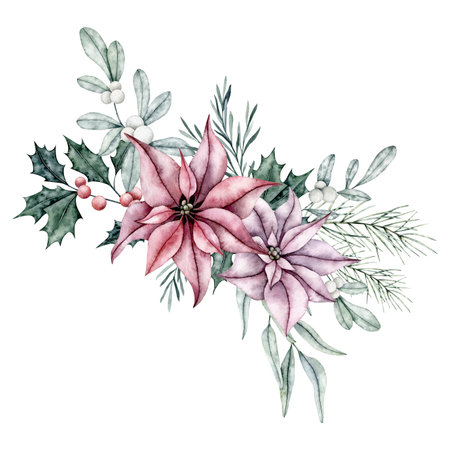 Christmas bouquet of red poinsettia flower, eucalyptus, snowberry, ilex, emerald spruce branch, fir, cedar. Botanical Winter flowers. Hand painted watercolor illustration for wedding invitation, pack, christmas cardの写真素材