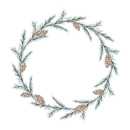Wreath with pine branch and cones. Watercolor twig of conifers evergreen tree. Hand drawn botanical illustration isolated image on background for Christmas greetings, cards, wallpapers, invitationの写真素材