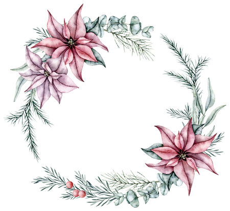 Watercolor wreath of red poinsettia flower, eucalyptus, spruce branch and rosemary twigs with red berries. Botanical Winter Hand painted watercolor illustration for Christmas, wedding invitation, greetingsの写真素材