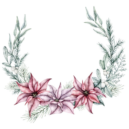 Christmas wreath of red poinsettia flower, eucalyptus, snowberry and evergreen tree fir, cedar. Botanical Winter floral frame. Hand painted watercolor illustration for wedding invitation, pack, christmas cardの写真素材