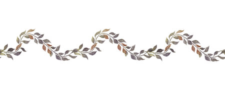Vintage seamless border of roseship branches with leaves. Botanical Endless banner. Hand painted watercolor illustration for wedding invitation, pack.の写真素材