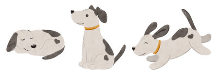 Set of cute puppy Stabyhoun sleeps, sits, runs and jumps. Digital hand drawn illustration with a small baby dog for textile design, poster, postcard. Cartoon style character drawing for printing on an isolated backgroundの写真素材
