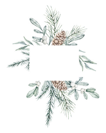 Frame with pine branch and cones. Watercolor twig of conifers evergreen tree. Hand drawn botanical illustration isolated image on background for Christmas greetings, cards, wallpapers, invitation.の写真素材