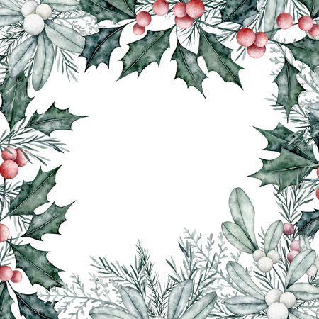 Christmas square frame of ilex branches with red berries, snowberry and spruce branch, fir, cedar. Botanical Winterberry banner. Hand painted watercolor illustration for wedding invitation, cardの写真素材