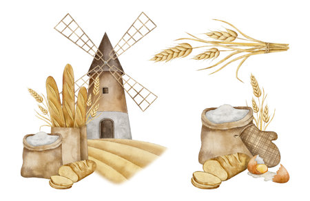 Set of Windmill tower on wheat field with flour sack, Crispy French baguettes in craft bag with bunch of spikelets of wheat, rye, grains and sliced fresh bread. Hand drawn watercolor illustrationの写真素材